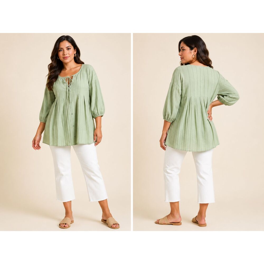 New Umgee S 4 6 8 Green Button Front Box Pleats Cotton Oversized Long Tunic Top